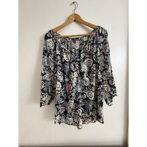 Chaps Floral Peasant Blouse XL Boho Cottagecore Cotton Top Pink Blue